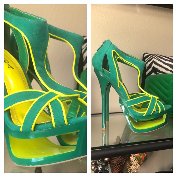 Tropical Jenna Cutout Platform Neon Lime & Green Heels - Picture 4 of 12